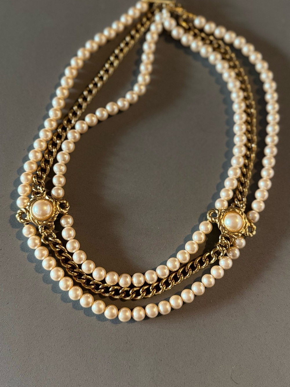 Vintage Givenchy Gold Tone and Pearl Multi-Strand Necklace